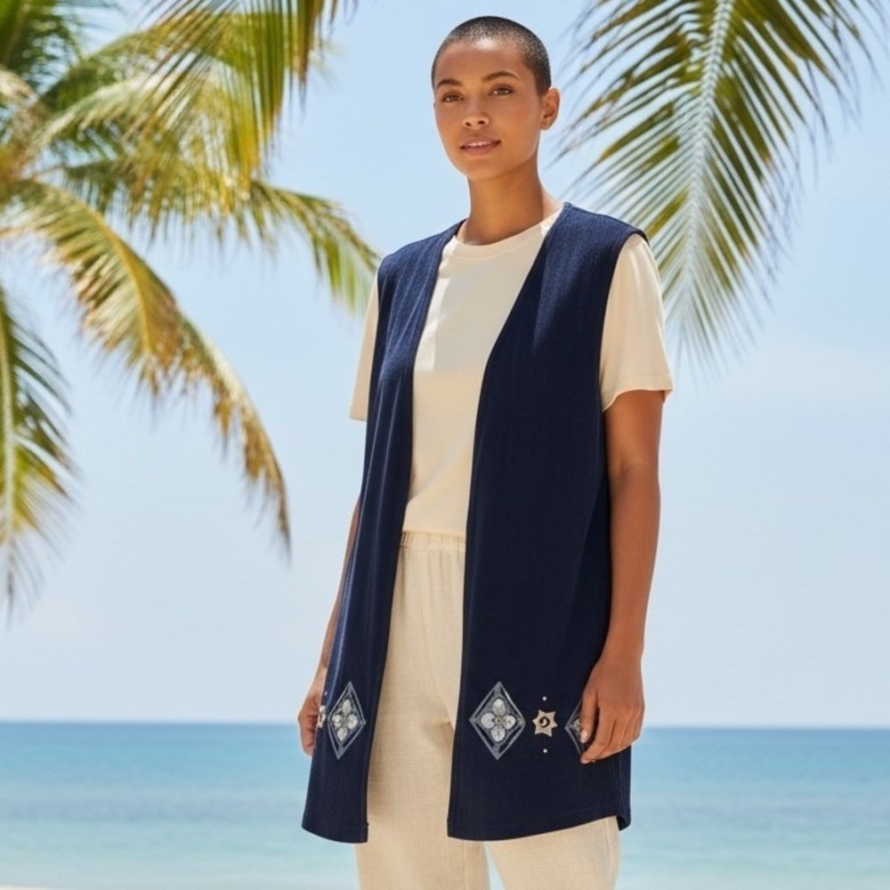 Chad's Place Navy Blue Diamond Floral Sleeveless Vest Top Women 14P